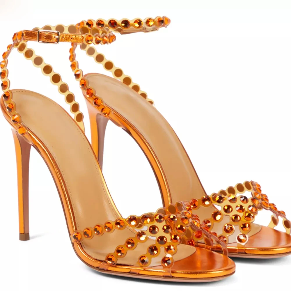 Crystal Bling Bling PVC Rhinestone Sandals Orange Blue Stiletto Heels Slingback Ankle Strap Shoes Women Peep Toe Wedding Sandals