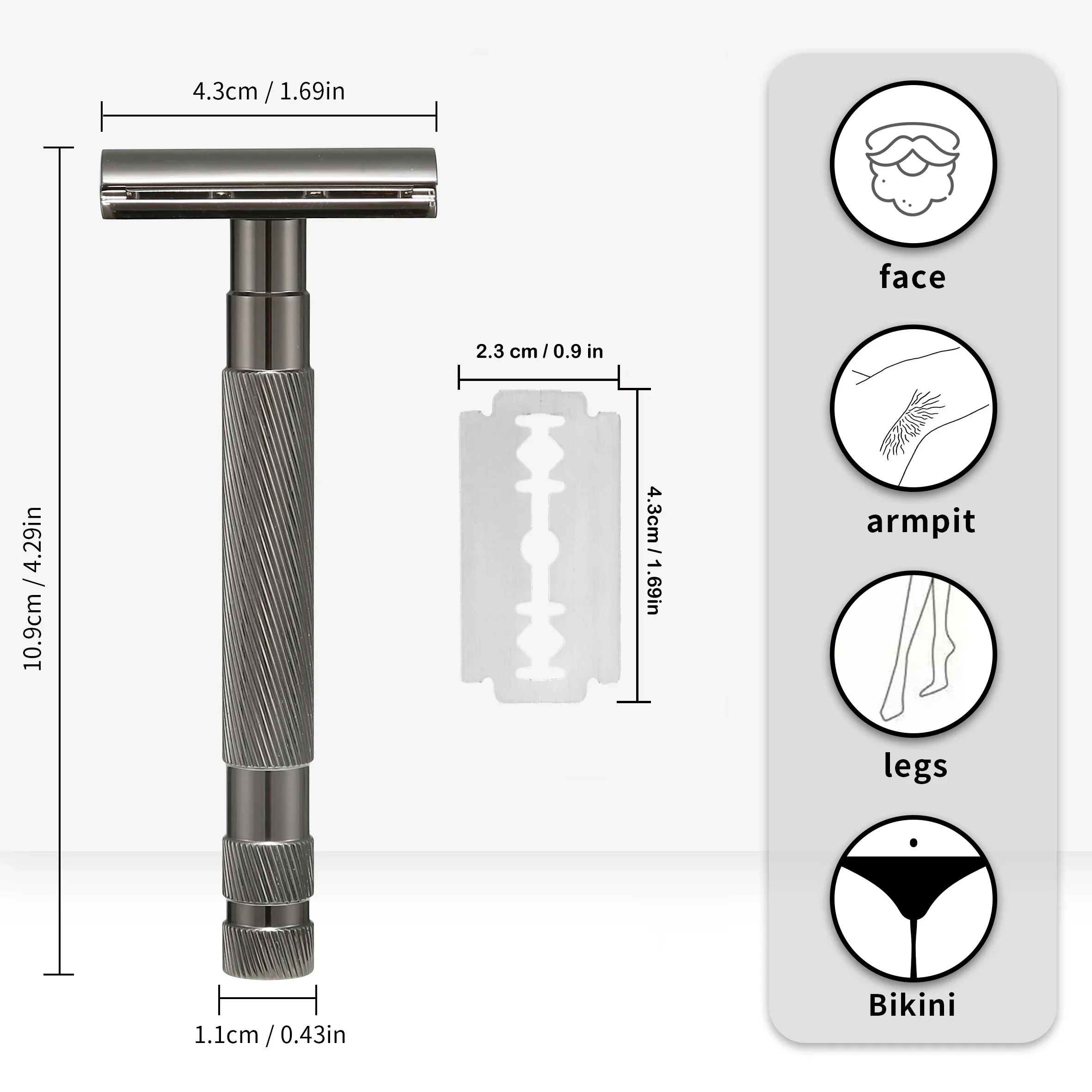 ماكينة حلاقة آمنة بحافة مزدوجة، مقبض طويل، حزمة شفرات من الفولاذ المقاوم للصدأ. 3 قطع تقليدية، تقلل من حرق الحلاقة، ناعمة