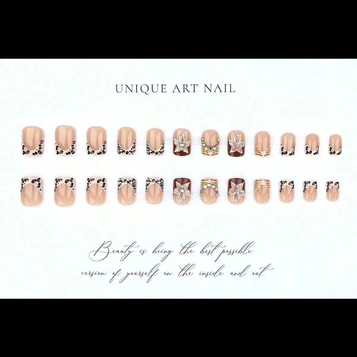 Leopard Print French False Nails With Flower And Diamond Design_voghion.com