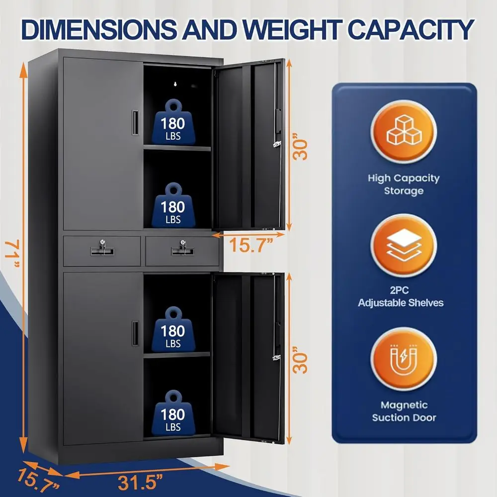 Metal Storage Cabinet with 2 Ders 4 Doand 2 Adjustable Shelves Garage Storage Cabinet with Lock 71