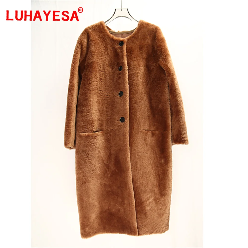 2024 Luhayesa Australia Merino Sheepskin Shearling Fur Clothing Women Winter Long Real Fur Coat