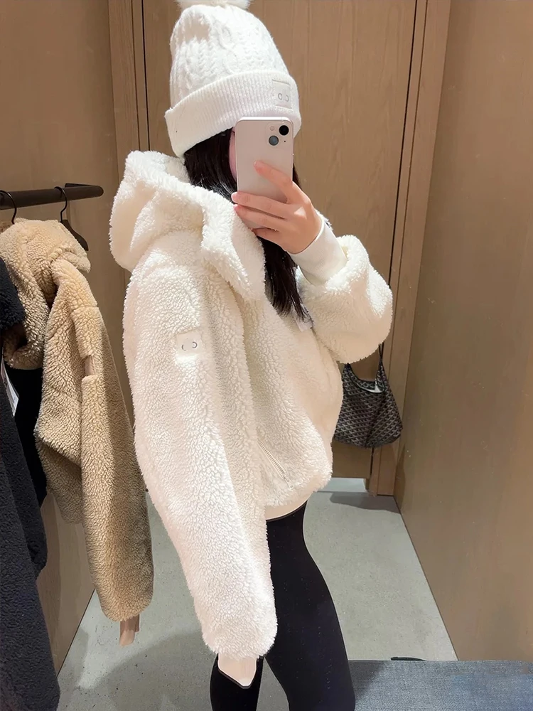 

Ladies' Warmth-Insulating Lamb Fur Hooded Jaet Loose Casual Sle Long Sve ort Coat Zipper Closure Daily Wear