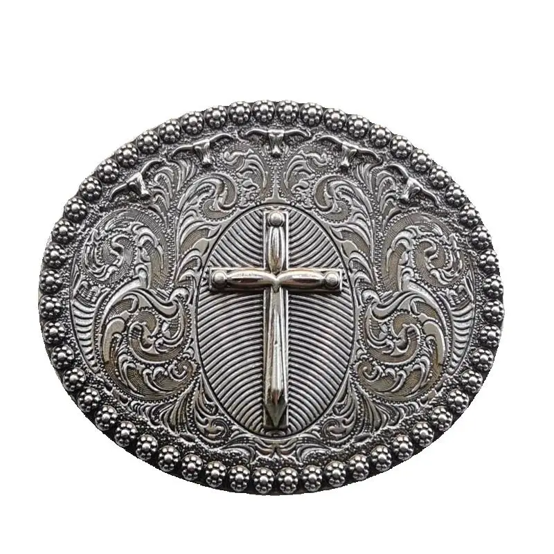 Native American Big Heavy Duty Vintage Celtic Pattern Cross Oval Belt Buckle For Men Grey Tone
