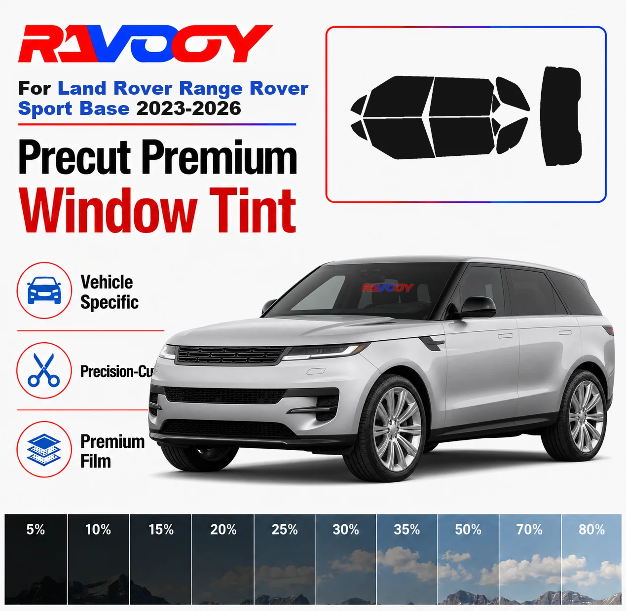 

Premium Precut Window Tint Kit Front Rear Windows For Land Rover Range Rover Sport Base 2023-2026 Complete Set Nano Ceramic Film