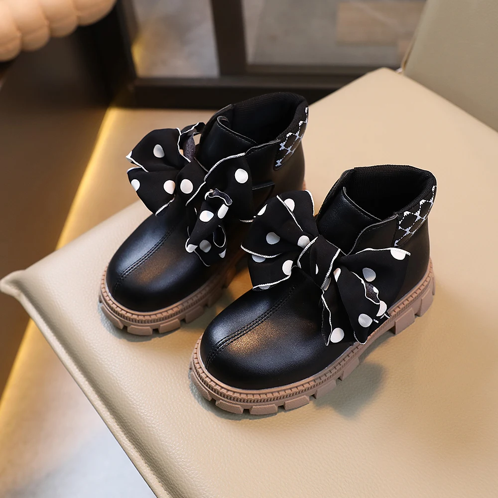 

COMFY KIDS Girls Black Polka Dot Big Bow Ankle Boots, Soft Cushioned Non-Slip Rubber Sole Hook and Loop Short Leather Boots, Aut