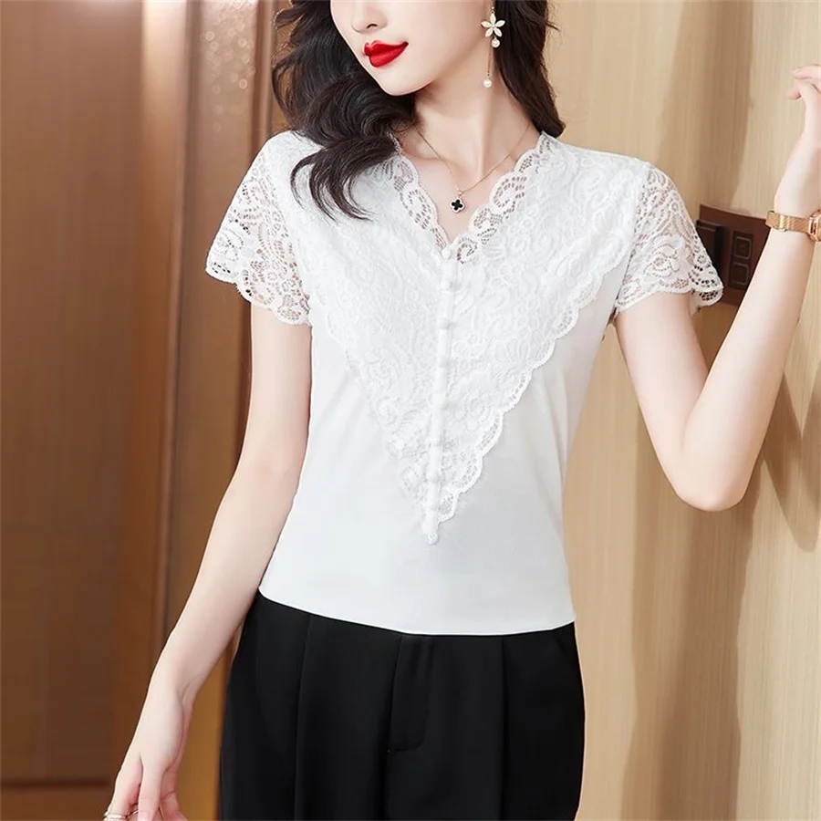 Women Summer Style Lace Blouses Shirts Lady Casual Short Sleeve V-Neck Lace Patchwork Blusas Tops DF4899