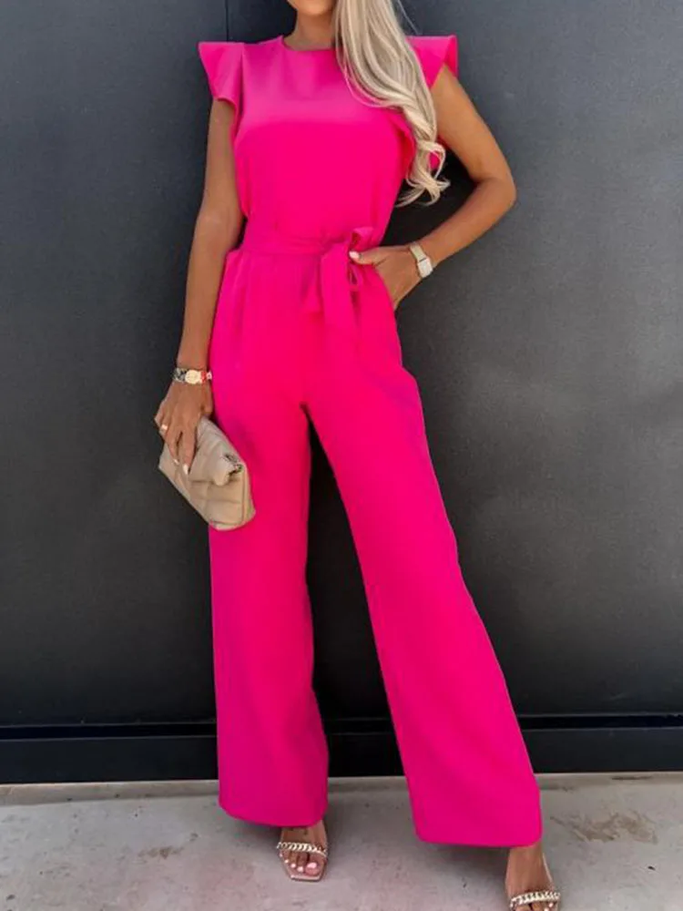 Fashion Casual Solid Color Sling Pleated Jumpsuit Women Elegant Wide Leg Pants Spring Summer Romper Sexy Party Backless Playsuit