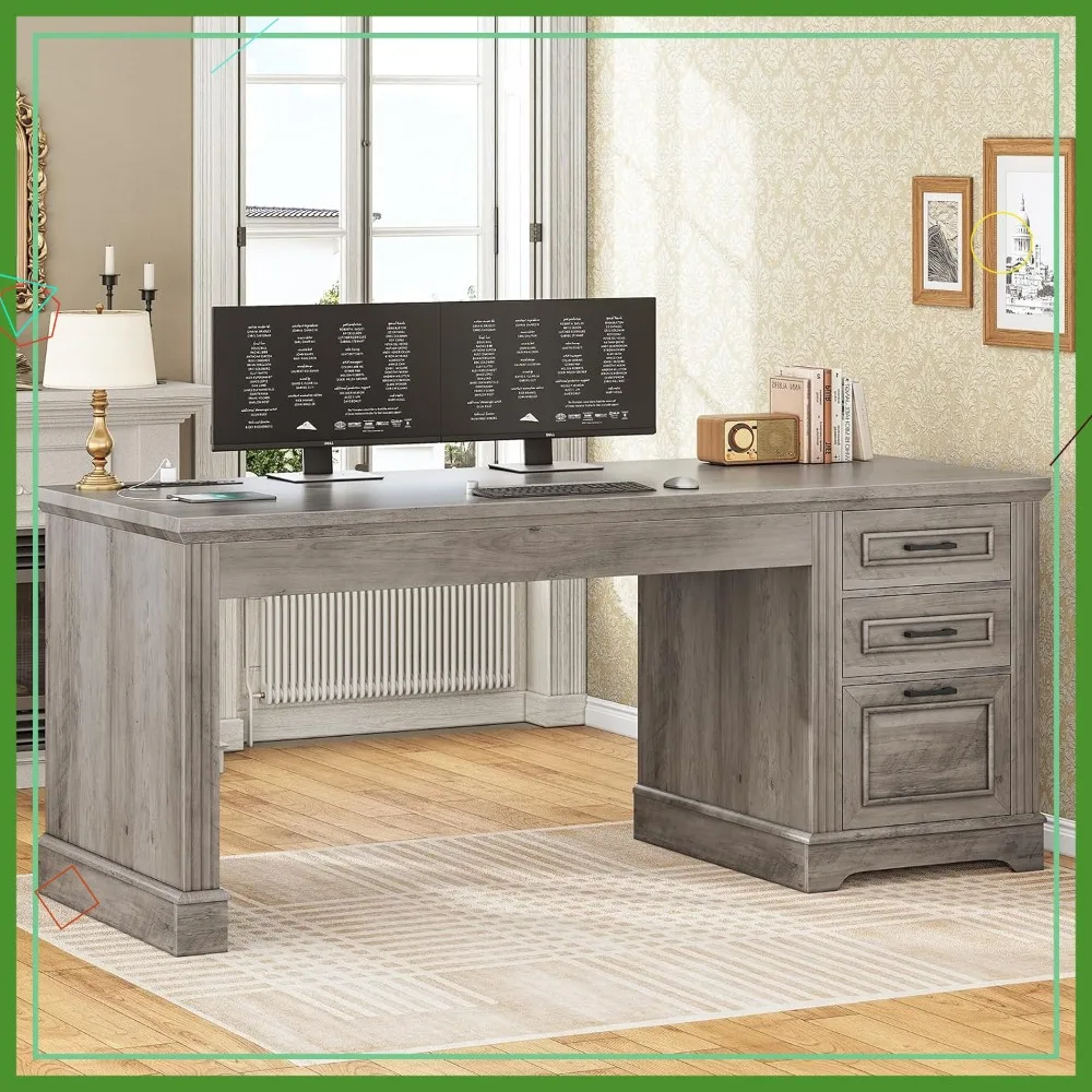 

Офисный стол Farmhouse Executive с 3 ящиками, компьютерный стол 55 дюймов с местом для хранения и розеткой, серый