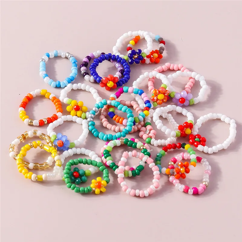 Aihua Koreanische Bunte Kleine Blume Ring Sets Böhmen Handgemachte Multi Perlen Reis Perlen Finger Ring Für Frauen Strand Schmuck Geschenke – Detail 3