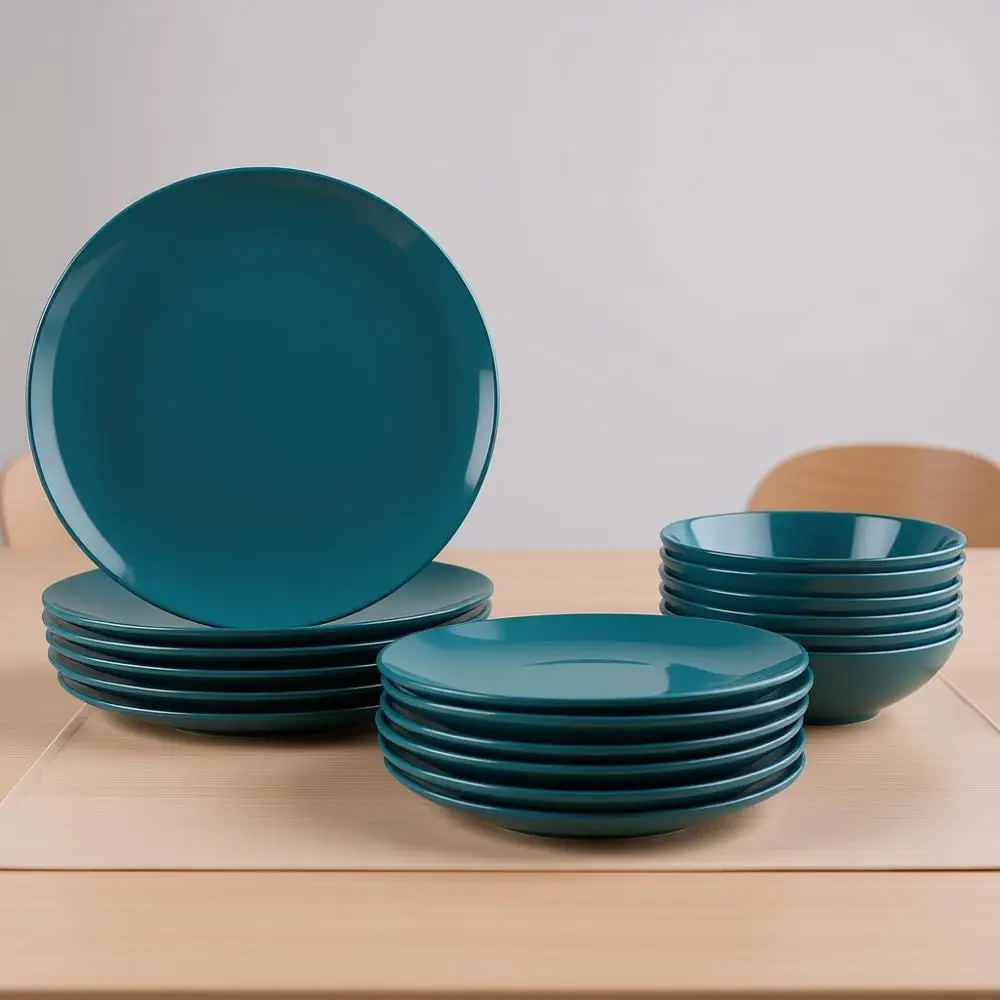

Набор посуды из 18 предметов, тарелки и миски, на 6 персон, темно-бирюзовый