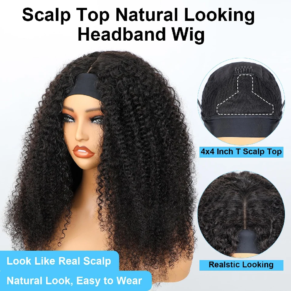 Afro Curly Headband Wig Human Hair with Realistc Scalp Top Glueless Wig 180% Density 12A Grade Mongolian Afro Kinky Curly Hair