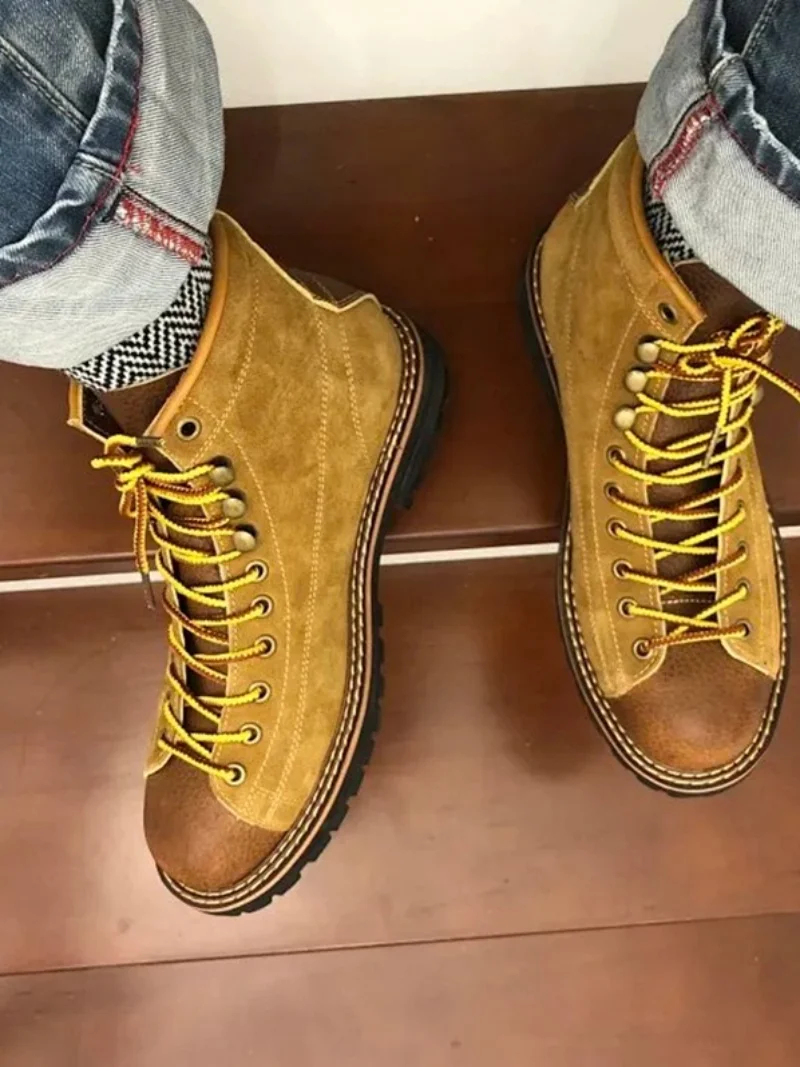 

Vintage American Retro Motorcycle Boots Boots Spring Autumn Men's Leather Patchwork ort Face Boots Wear Resistant Ca...