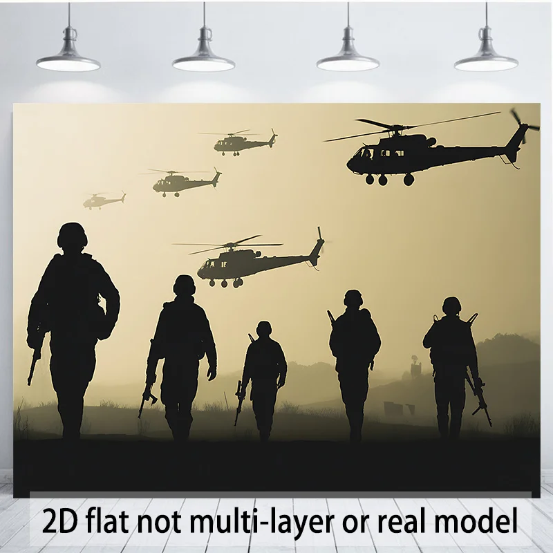Large Military Wall Tapestry Decor Canvas Soldier Army Combat Art Hanging Scroll Helicopter Silhouette Tactical Scene Room Gift