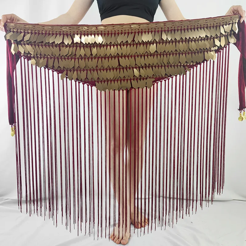 Belly Dance Hip Scarf for Women Sequin Long Tassel Waist Chain Oriental Dance Costume Performance Belt Girl\'s Tribal Hip Scarf