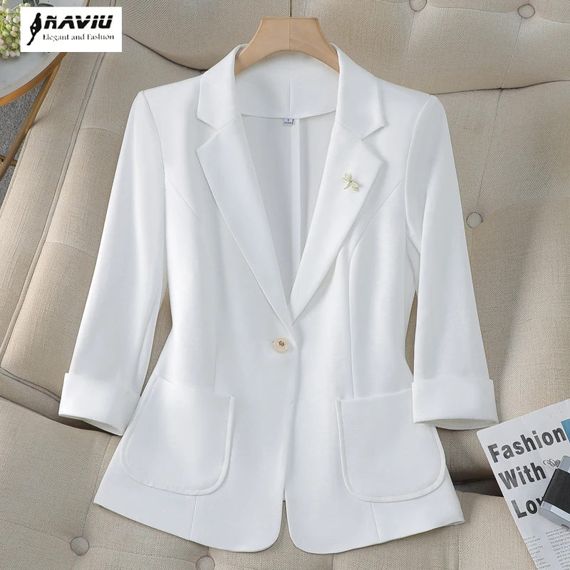 

NAVIU Fashion Women Blazer Ladies White Pink Black Solid Half Sleeve Female Business Work Wear Slim Formal Jacket Coat Spring