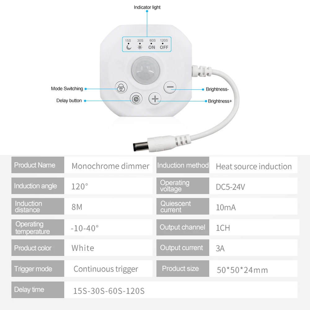 5V 12V 24V PIR Sensor de movimiento interruptor de luz controlador de tira LED atenuador monocromático DC USB temporizador Detector de movimiento automático ON OFF