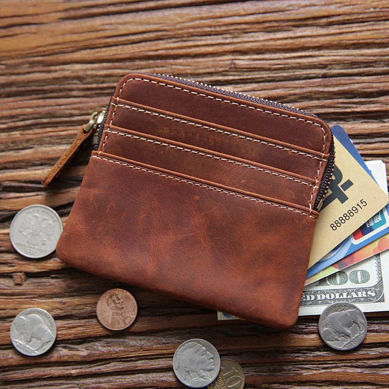 100% Genuine Leather Coin Purse For Men Women Vintage Handmade Short Small Slim Zipper Mens Wallet Card Holder Case Money Bag