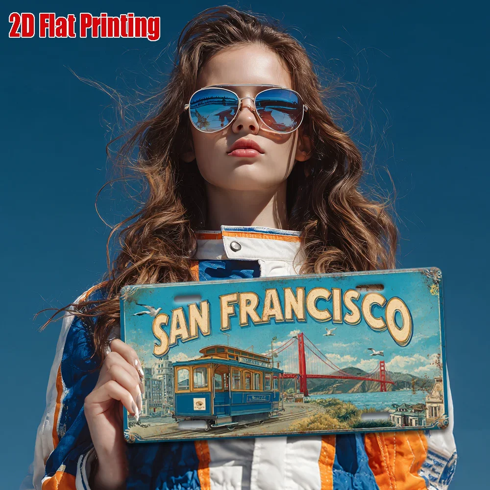 San Francisco Golden Gate Bridge & Cable Car Vintage Themed Aluminum Metal Sign 2D Flat Printing Retro License Plate Style Wall