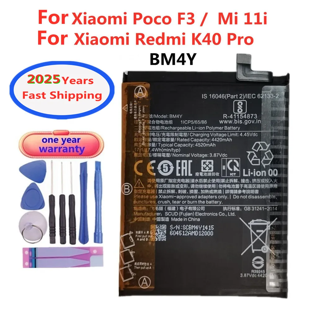 

2025 Years BM4Y Battery For Xiaomi Poco F3 Mi 11i Redmi K40 Pro K40Pro 4520mAh Battery Batteries Bateria Fast Ship