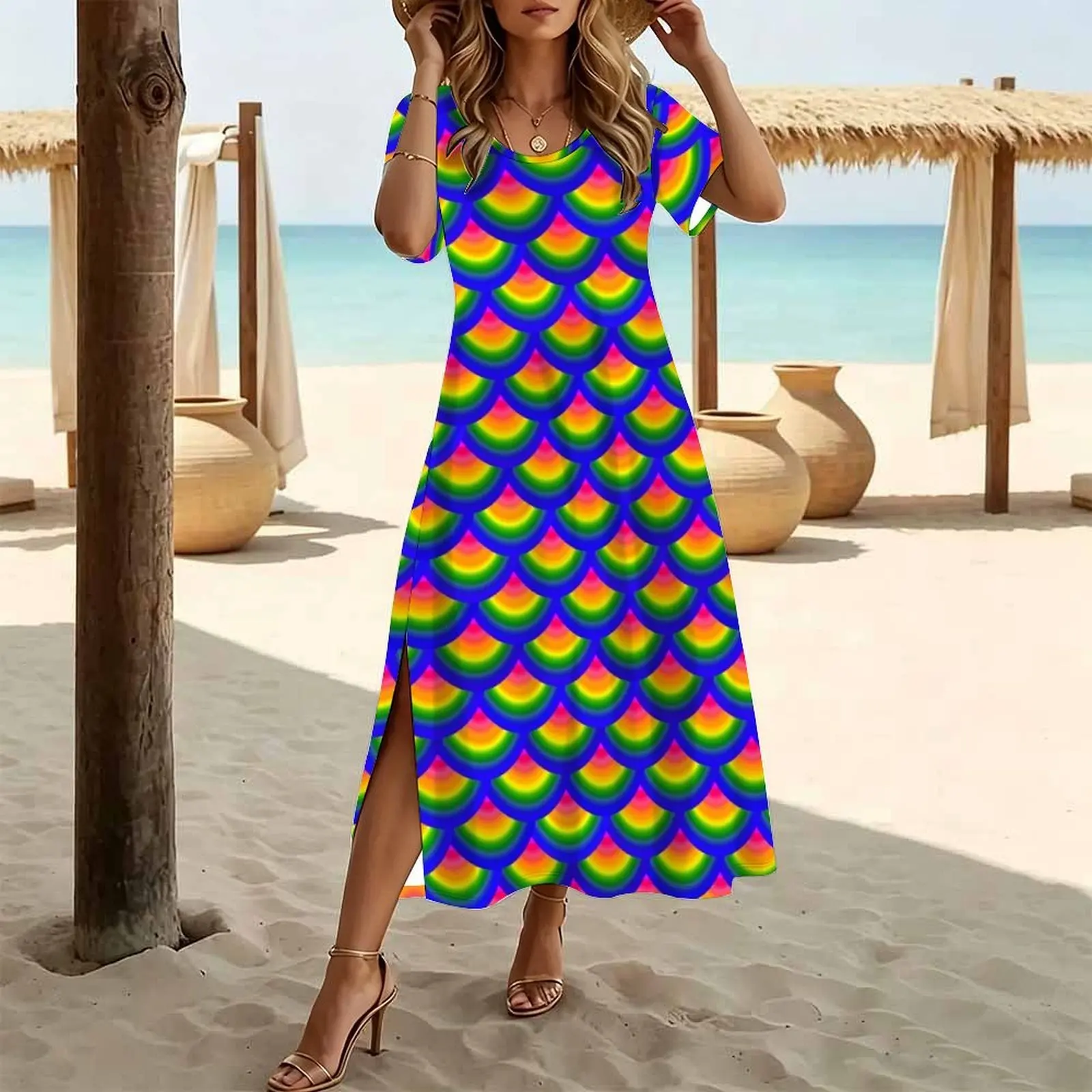 Rainbow Fish Scales Mermaid Pattern Women's Round Neck Short Sleeve Split Long Dress
