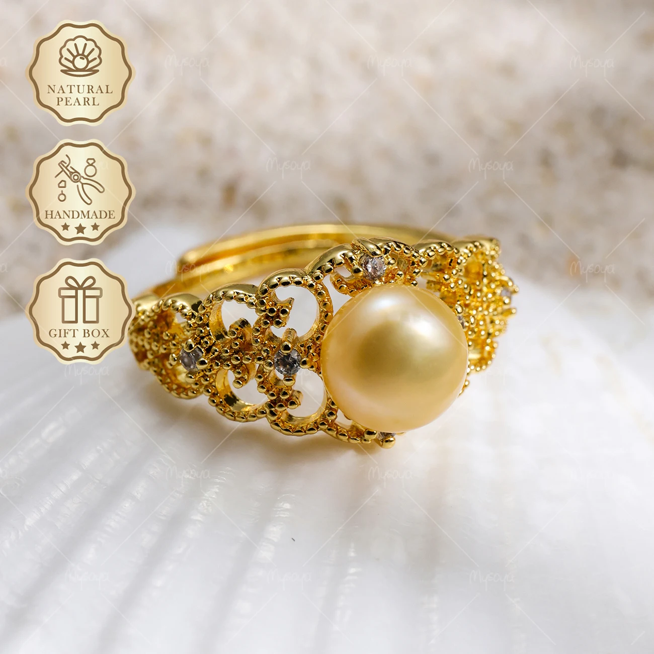 

MYSOYA 8-9mm Freshwater Pearl Open Ring Gold Hollow Lace Ring, Gift Box, Birthday Jewelry S422