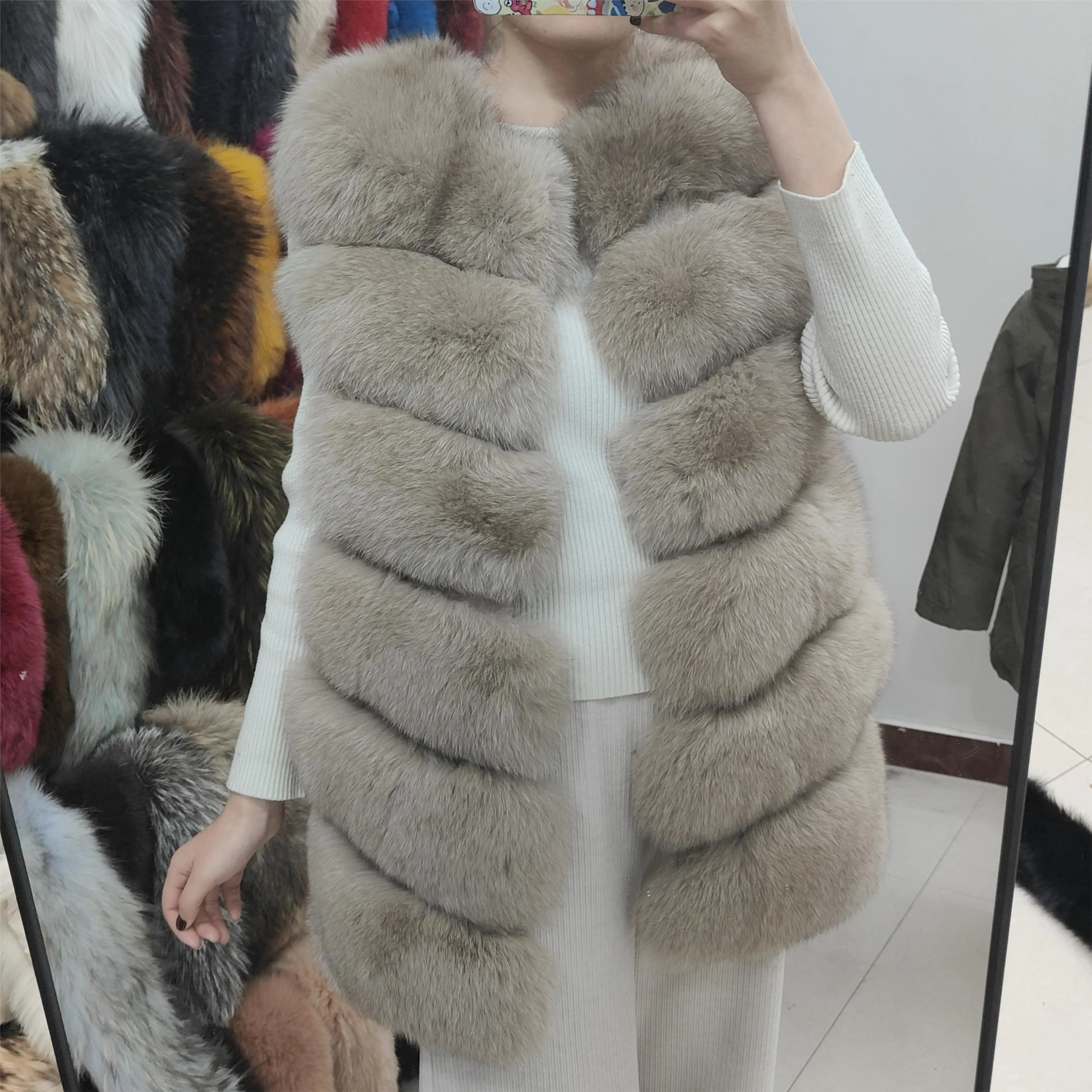 Abrigo de longitud media de piel de zorro Real Natural para mujer, chaqueta cálida de invierno, chaleco de lujo, peludo, talla grande, Color sólido,