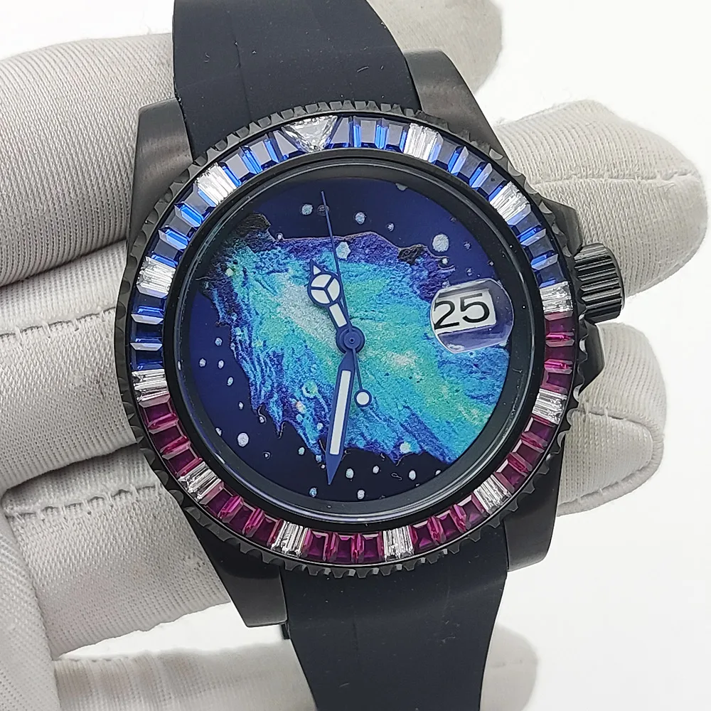 NH35 Men's 40mm black Pvd case NH35A Automatic movement unmarked luminous sapphire glass swimming deep water rubber strap