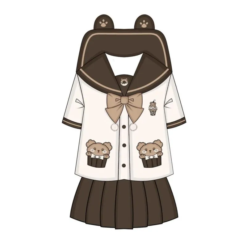 Urso bonito Uniforme JK, Terno japonês de marinheiro de manga curta longa, menina branca saia plissada marrom, Anime Cosplay Trajes