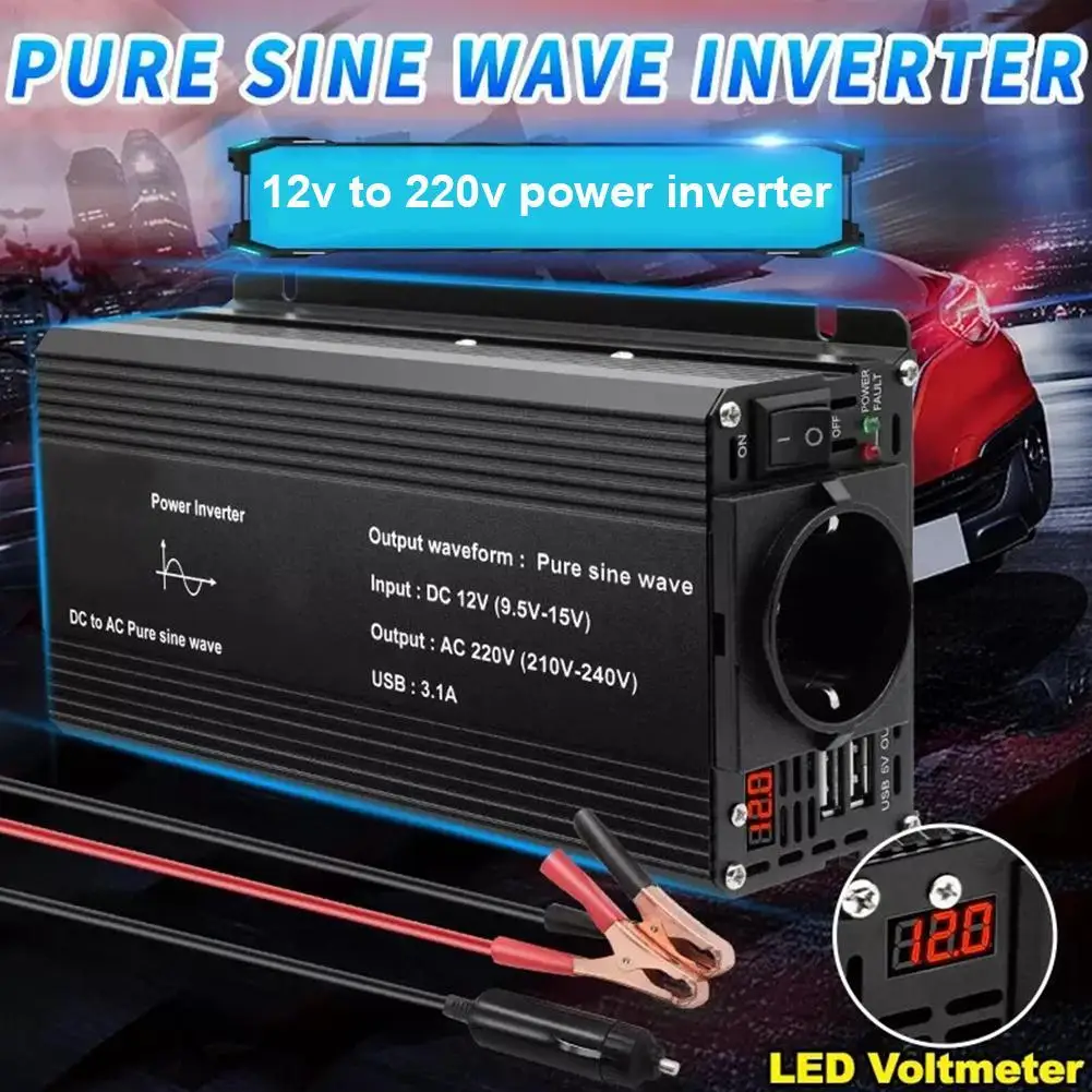 

Pure Sine Inverter DC 12V To AC 220V 230V 1500W/2200W/2600W Voltage Transfer Converter Universal EU Socket Auto Accessories