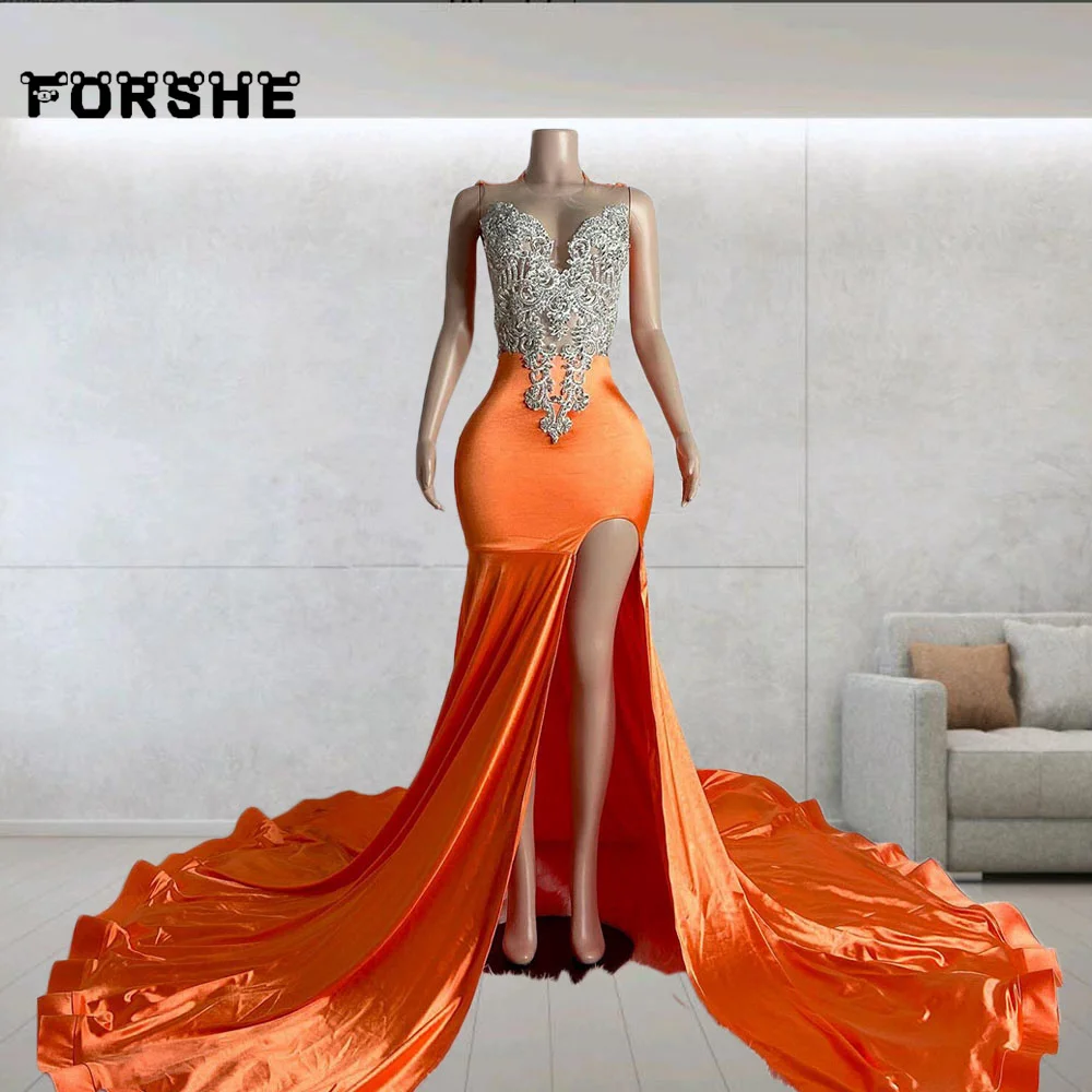 Vestidos De Fiesta De sirena con cuentas De cristal para niñas, Vestidos De Noche, Vestidos De Fiesta largos, naranja, Sexy, negro