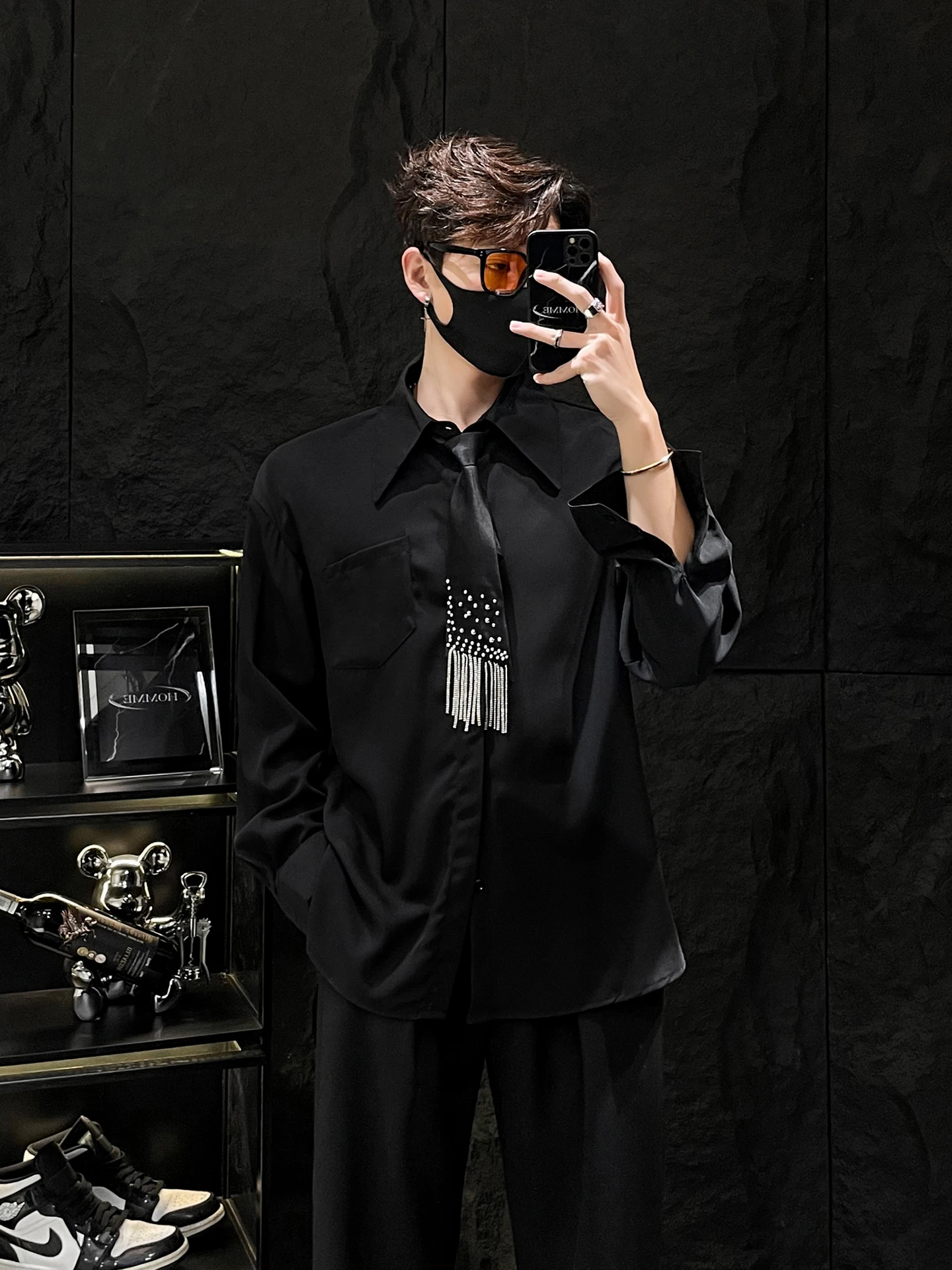 

s' Long Sve irt для мужчин Bla HOMME No Limit Зеркало Внутренняя одежда с галстуком Корейский Sle Полиэфирное волокно Повседневный