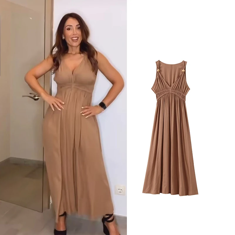 TRAF-vestido longo elegante com decote em v para mulheres, vestido de rua e feriado, moda jovem elegante, verão, novo, 2024