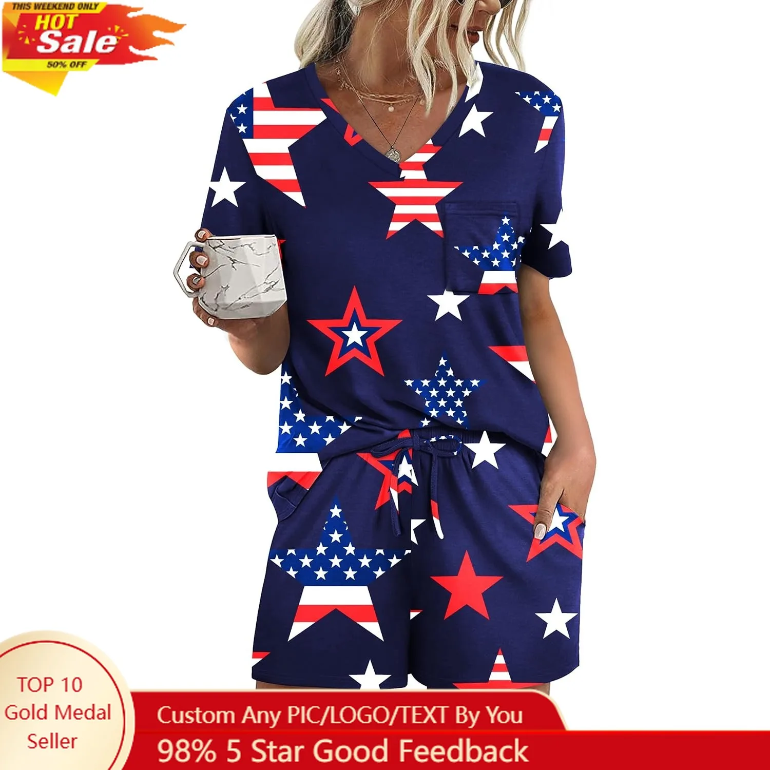 

Women's Short Sleeve Pajama Sets with Pockets Casual V Neck 2 Piece Lounge Sets S-3XL