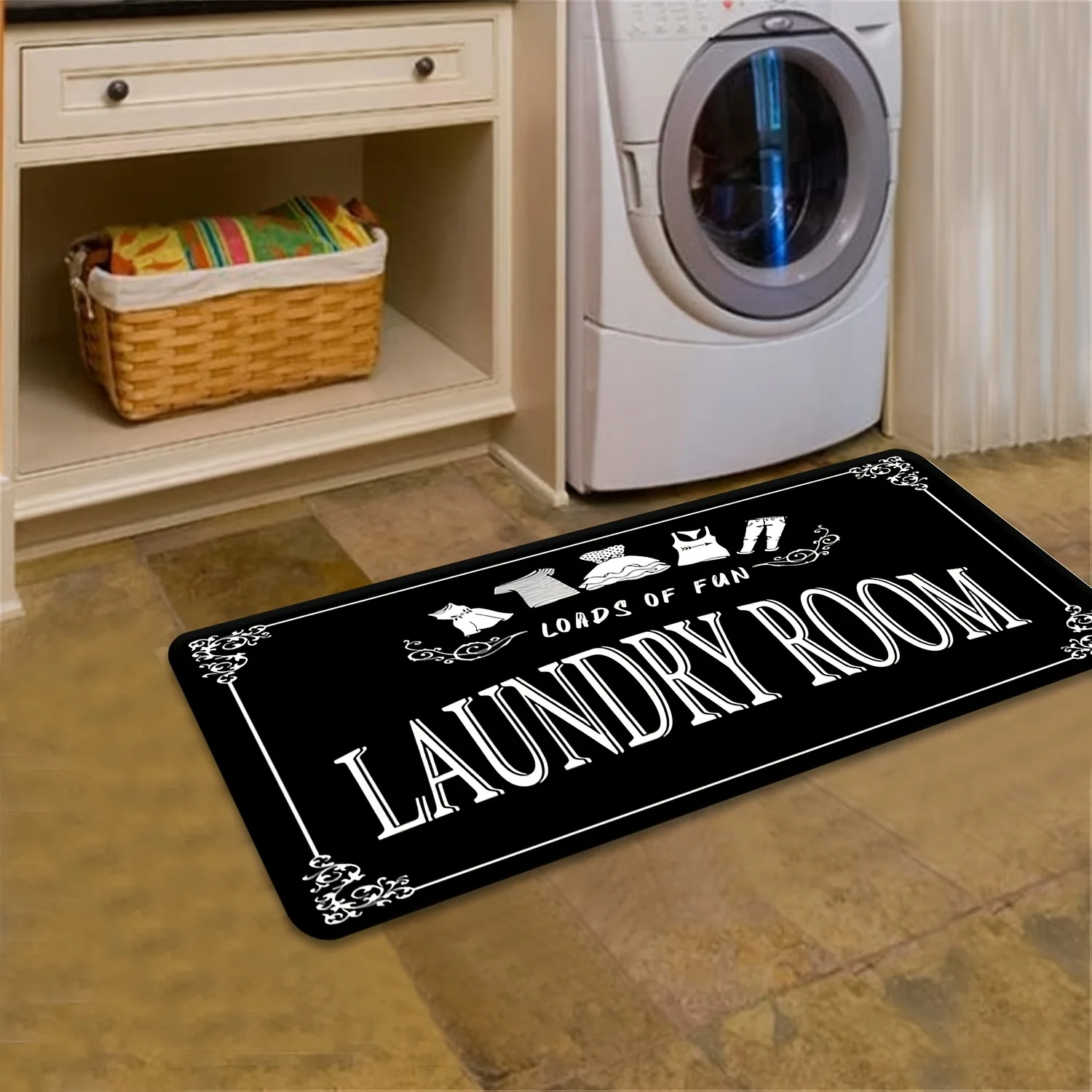 Laundry Room Clothes Sketch Floor Mat Non Slip Quick Dry Runner Black Base White Text Print Carpet for Kitchen Hall Bathroom