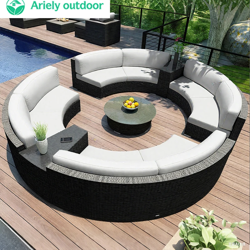 Outdoor Round Rattan Sofa Set Stay Garden Courtyard Curved Rattan Sofa Sectional For Home Outdoor Furniture Modern Patio Set