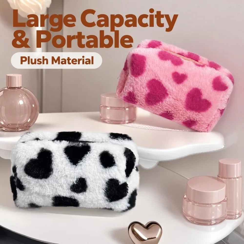 1Pc Durable Fluffy Makeup Bag Heart Print Large Capacity Toiletry Bag Makeup Storage Organizer Women Girls