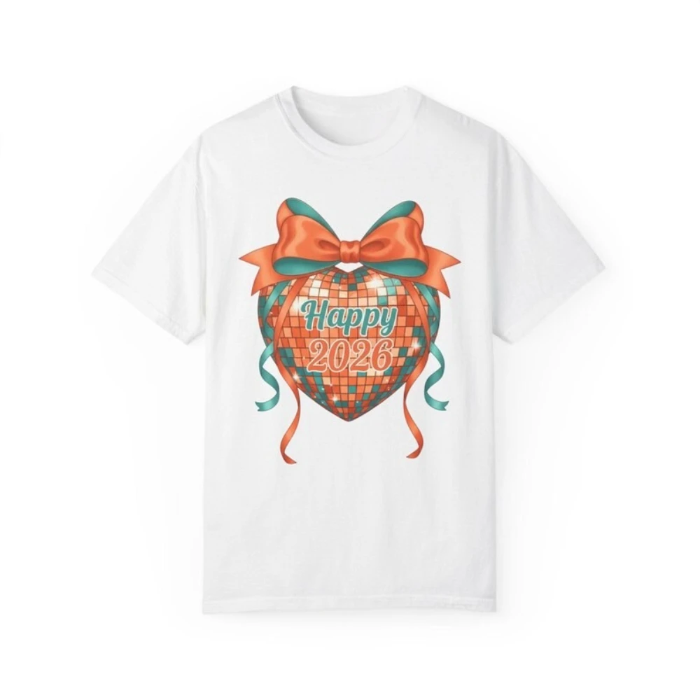 2026 السنة الجديدة تي شيرت القلب ديسكو التصميم الإبداعي المحملة المرأة موضة السنة الجديدة حفلة قميص عطلة رائجة البيع بلايز عادية القطن المحملة #2