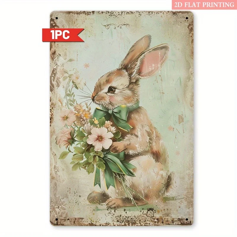 Vintage Rabbit and Blooming Flowers Metal Wall Decor - 8x12 Inch Iron Farmhouse Hanging Art Suitable for Easter Gifts, Spring Ro