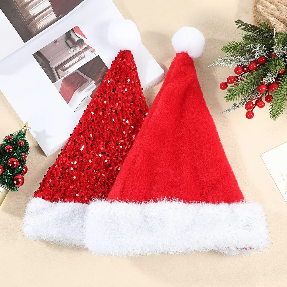 

Christmas New Plush Bright Silk Santa Hat Flip Bead Piece Thickened High-End Holiday Party Decoration Hat