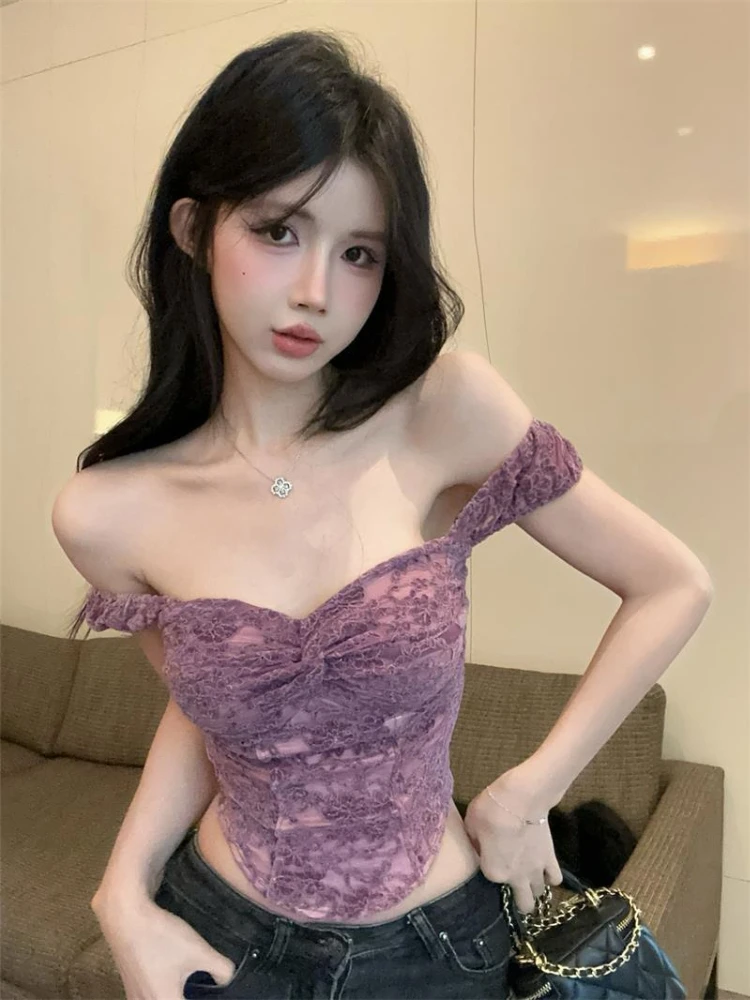 Women's Purple Lace Camisole Sexy One Shoulder Bustier Top Summer Y2K Going Out Crop Top