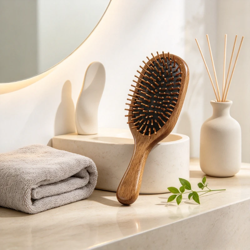 Beech Wood Air Cushion Hair Brush for Women, Rounded Scalp Massage Pins, Rebound Pad, Frizz Smoothing and Cleaning Rake Included