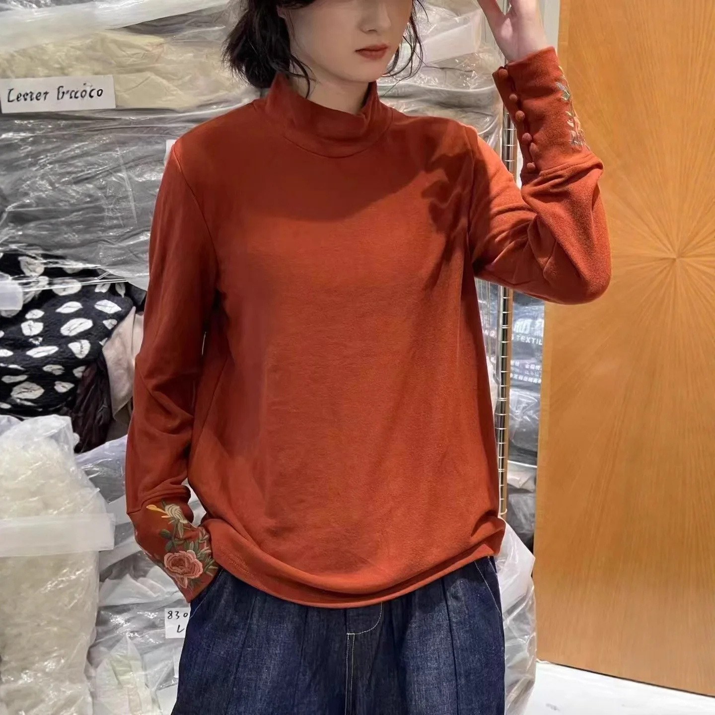 Japan Style Mori Kei Sweet Floral Embroidery Cotton T-Shirts Women Autumn Winter Turtleneck Long Sleeve Casual Backing Shirts