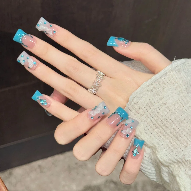 

10Pcs False Nails Duckbill-Shaped Ice-Transparent 3D-Embossed Sweet French Style Press-On Nails—Perfect As A Gift for Girls