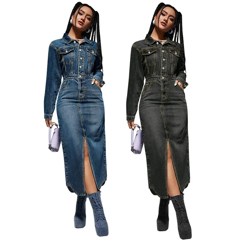 

New Style Lady Denim Long Dress with Lapel Button Long Sleeves and Slits Fashion Women Casual Dresses Spring