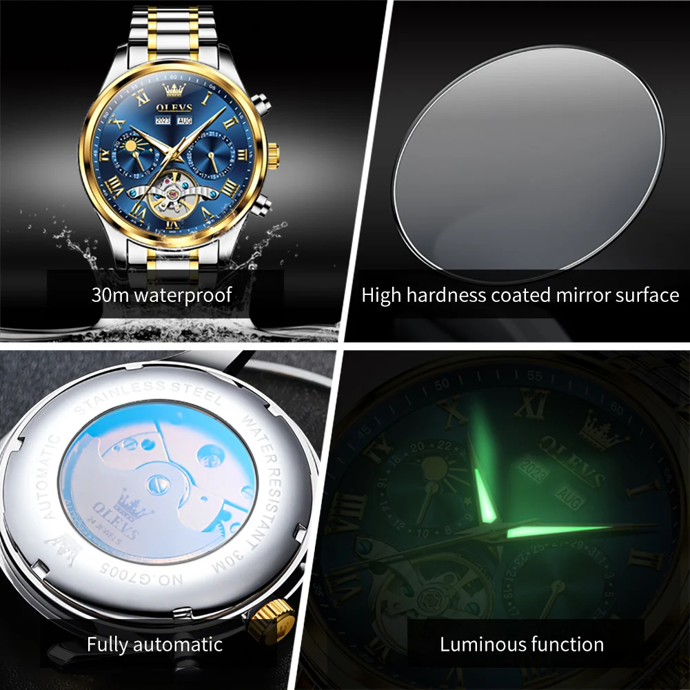 OLEVS Luxury Men\'s Watches Fashion Waterproof Multifunctional Fully Automatic Mechanical Watch Complete Calendar Moon Phase