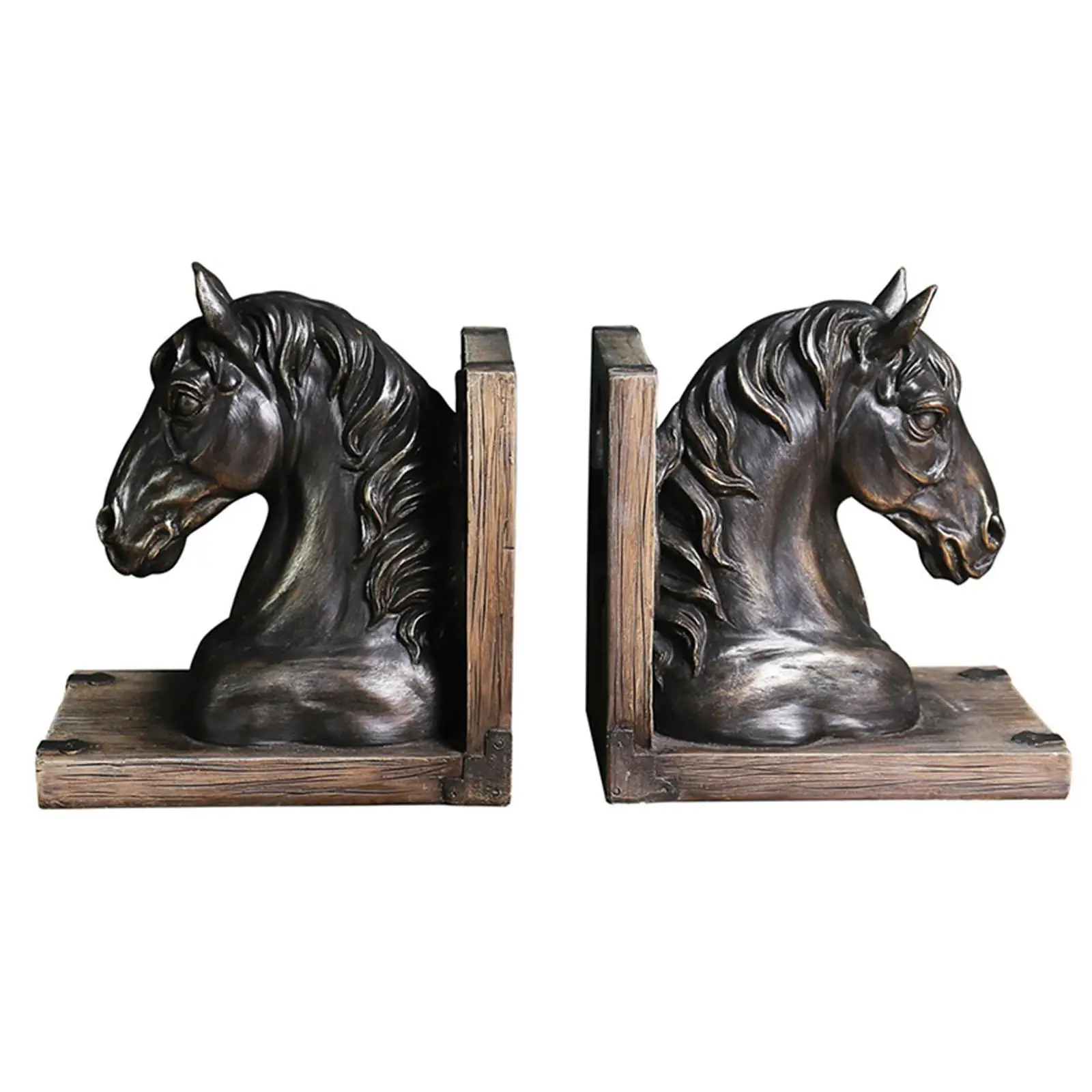 Resin Horse Head Sculpture Bookend Ornament Vintage Desk Decor Animal Book Stand for Living Room Shelf