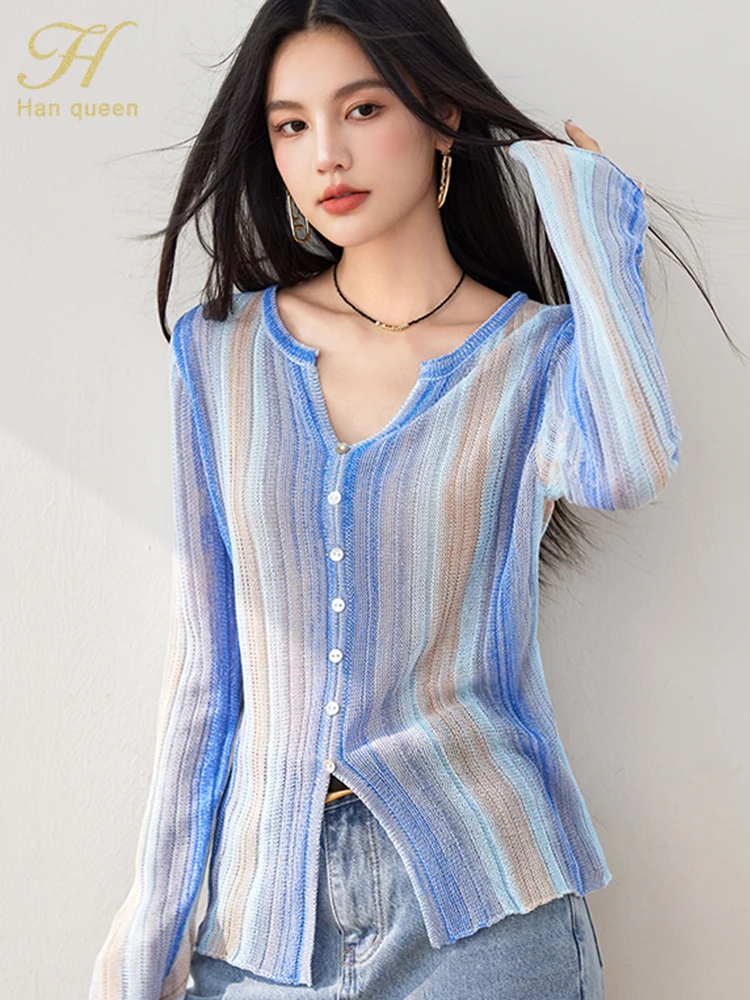 H Han Queen Nowy jesienny kardigan dla kobiet Vintage Cienka dzianina Praca Casual Tops Długi rękaw Elegancki Prosty Luźny T-Shirt Kobieta