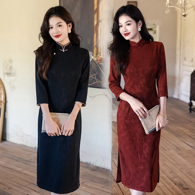 

Новое платье Cheongsam на осень/зиму 202, модное жаккардовое красное осеннее новое стильное длинное платье Ципао в этническом стиле