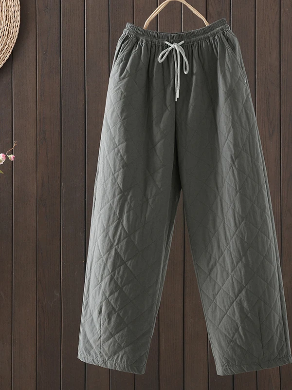 冬用綿麻ワイドレッグパンツ レディース ルーズフィット カジュアルパンツ ストレートカット 暖かい裏地付きコットンパンツ