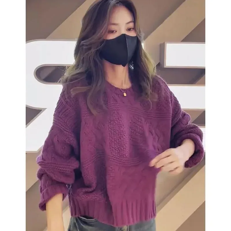 Jesienny sweter damski w jednolitym kolorze, luźny płaszcz, koreańska moda damska, dzianinowa bluzka z długim rękawem, damska dzianinowa kurtka z okrągłym dekoltem.